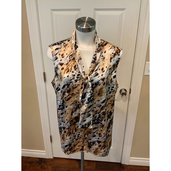St. John Tan & Black Silk Leopard Print Tie-Neck Sleeveless Top, Size 16